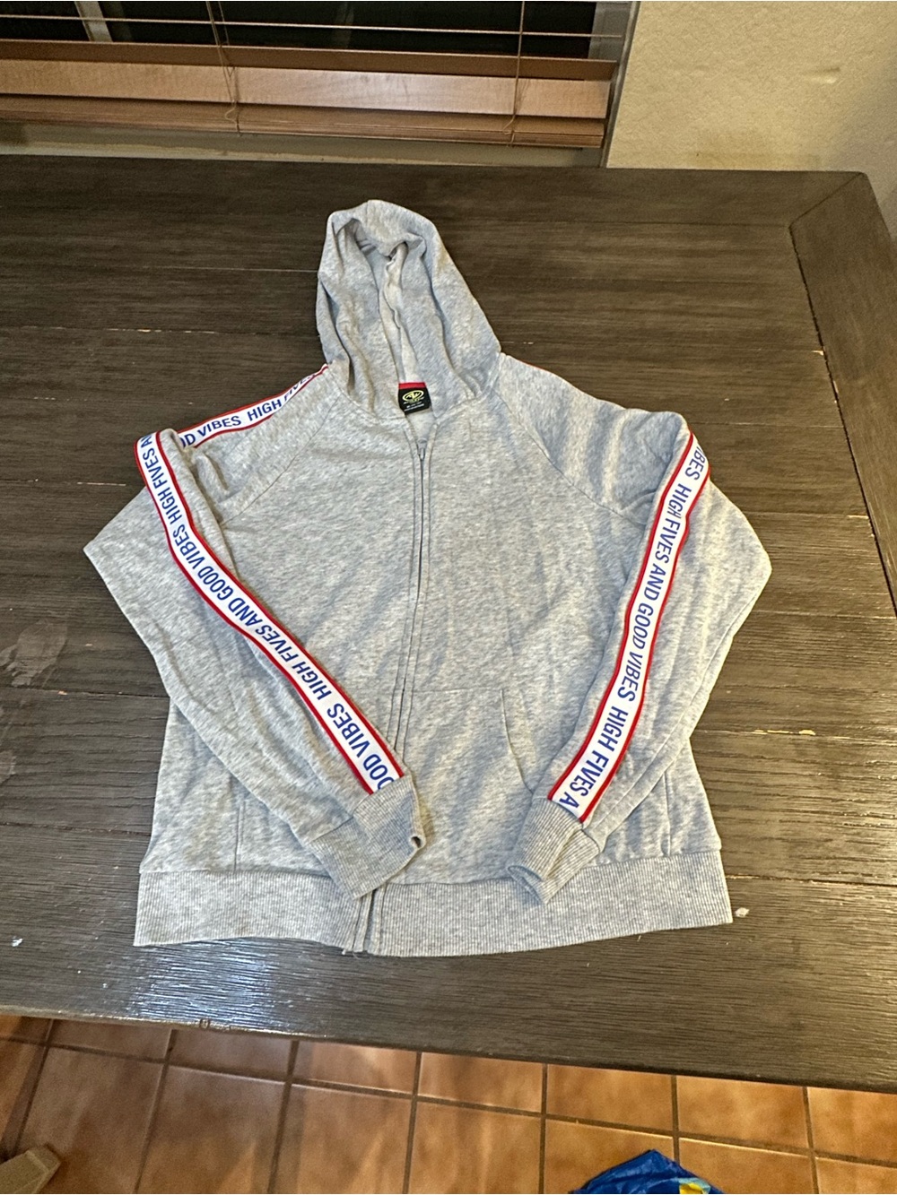 Kids XL 14/16 Gray Zip Up Hoodie with 'High Fives and Good Vibes' Stripe Detail